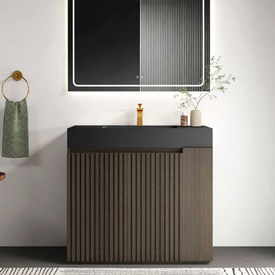 Meuble-lavabo de salle de bain en chêne fumé de 91 cm (36 po) avec lavabo, grand meuble-lavabo autoportant de rangement pour salle de bain moderne, lavabo monobloc sans bonde ni robinetterie.