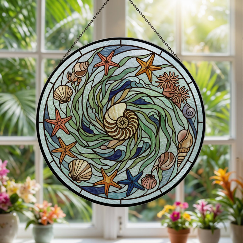 Panneau de vitrail Ocean Swirl, 7,8 heures, H 7,8 po