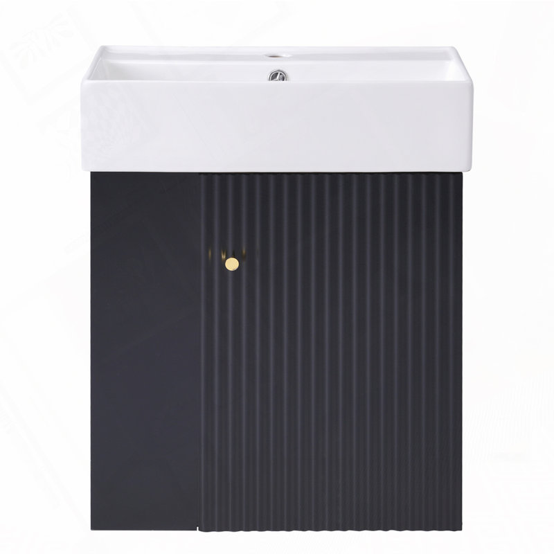 Meuble-lavabo flottant avec lavabo en céramique, Noir, Doré