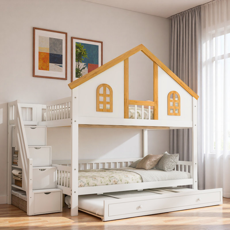 Wooden Bunk Bed With Storage Staircase, Trundle, House Roof And Window Door, Full Over Full