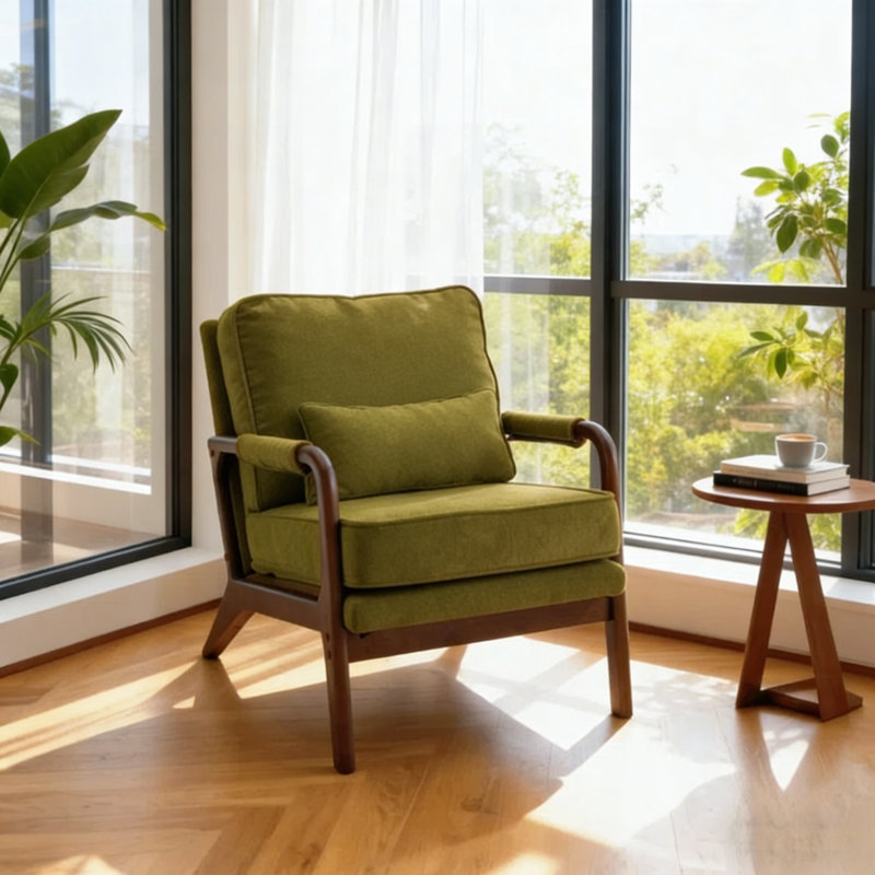 Mid Century Solid Wood Accent Chair Upholstered Armchair with Pillow and  storage Bag, Green Linen