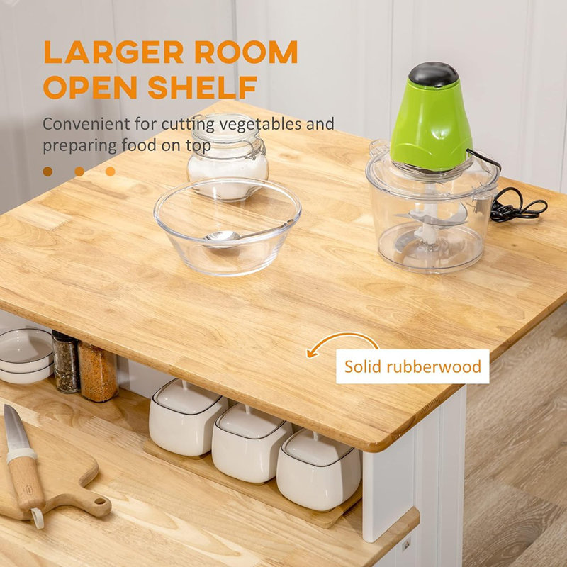 White and Light Brown Rubber Wood Kitchen Island with Storage Cabinet