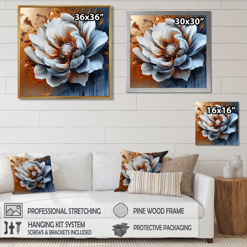 Fleur transitionnelle dorée abstraite I - art mural floral abstrait, H 30 po x l 30 po, Toile tendue, Ne s’applique pas
