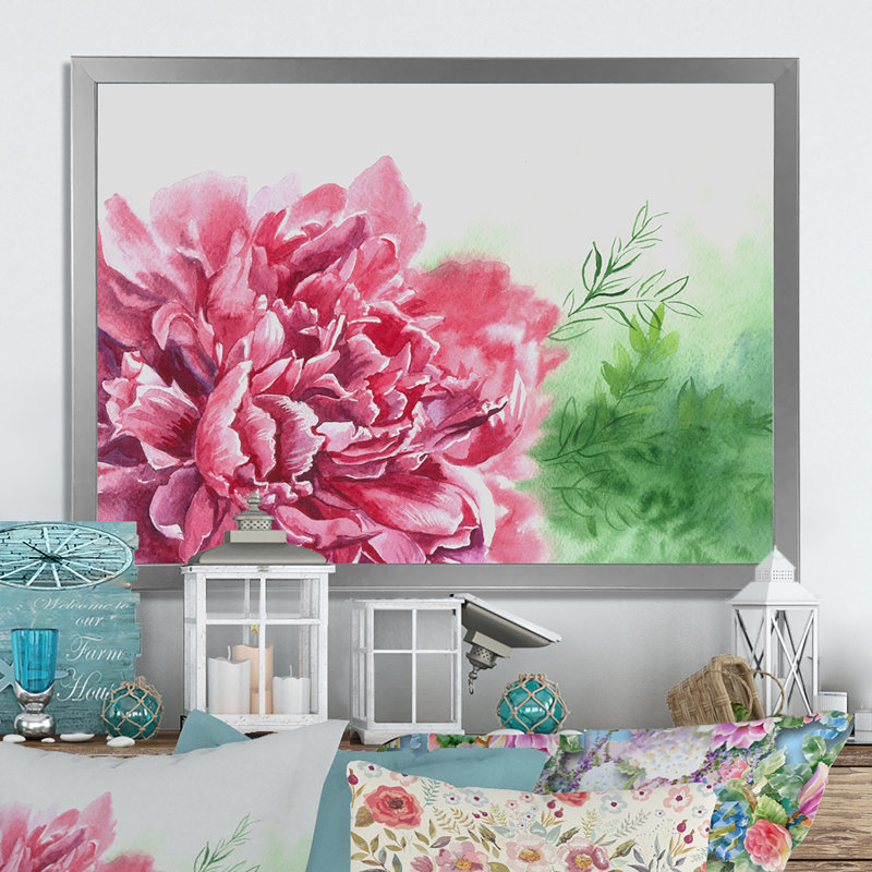 Aquarelle, pivoines roses III - reproduction sur toile flottante, H 30 po x l 40 po x P 1,5 po, Cadre photo argenté