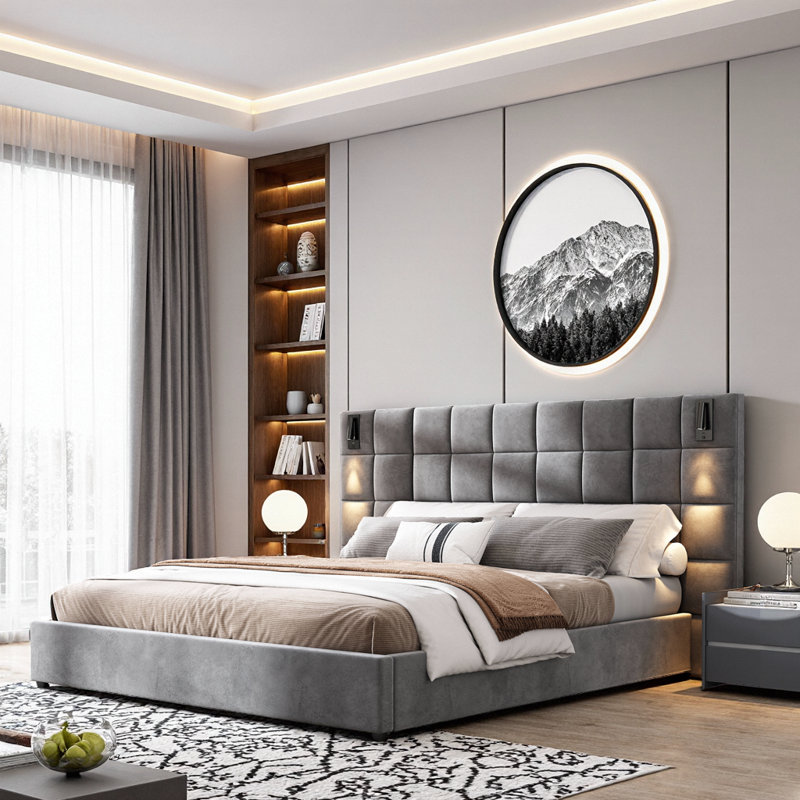Structure de lit tapissier très grand de qualité supérieure avec applique murale et port USB, tête de lit large en velours moelleux pour un confort luxueux en gris élégant