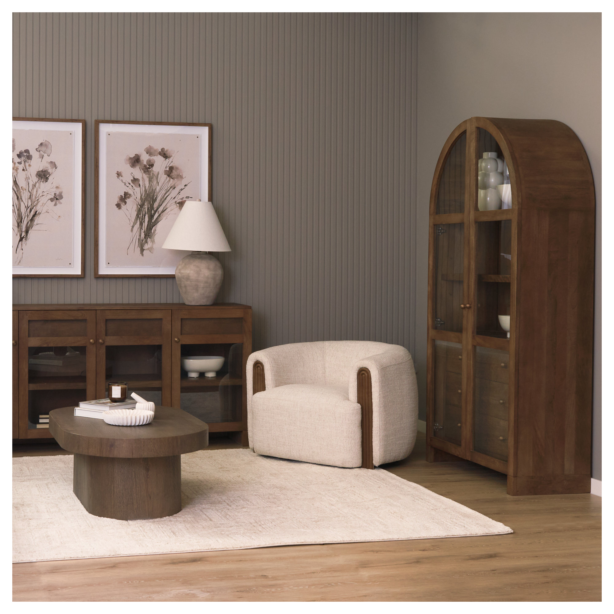 Stonewall Light Brown Wood W/Glass Doors Arched Curio Cabinet, Medium Brown