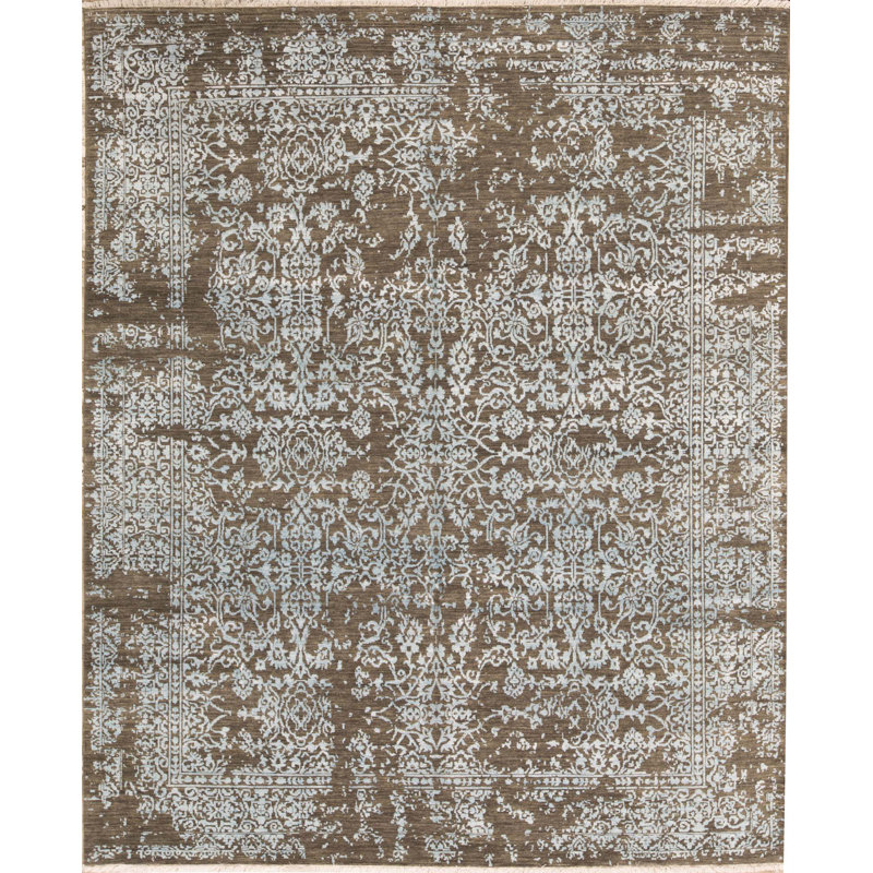 Tapis gris foncé et turquoise noué à la main de haute qualité