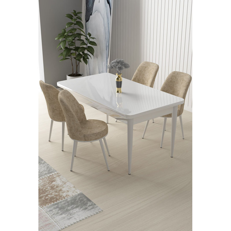 Ensemble de table et chaises de salle à manger moderne 5 pièces, blanc et crème | Table de salle à manger: 43,3 po x 29,9 po x 27,9 po, chaises: 17,7 po x 35,8 po x 16,5 po | Panneau de particules 100% mélaminé, pieds en métal, coussins en mousse confortables | Conception élégante pour la salle à manger