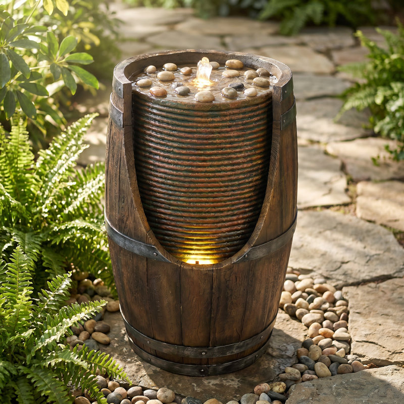 Fontaine de sol en baril d'extérieur 24,8 "avec lumière DEL et pompe de recirculation, Brun chêne vieilli