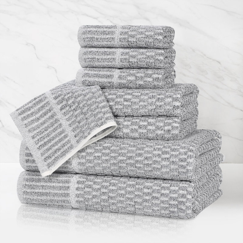 Juno Viscose Cotton Blend Medium Weight Textured Checkered Ribbed Border Towel Set, Charcoal, 8 Piece Towel Set