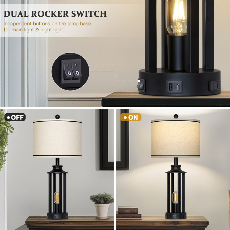 Cochranville 27.5" Industrial Metal Table Lamp Set with Night Light and USB Ports, Black, Beige