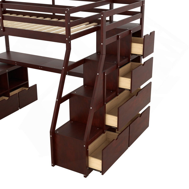 Lit mezzanine simple avec 7 tiroirs, 2 tablettes et bureau - Espresso, Lit simple, Espresso