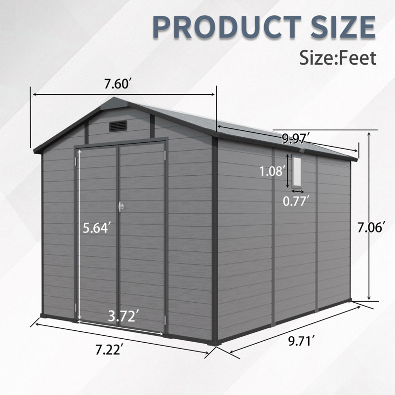 Remise de rangement extérieure en plastique 8 x 10 pi - Remise à outils verrouillable en résine avec fenêtre et plancher, gris foncé