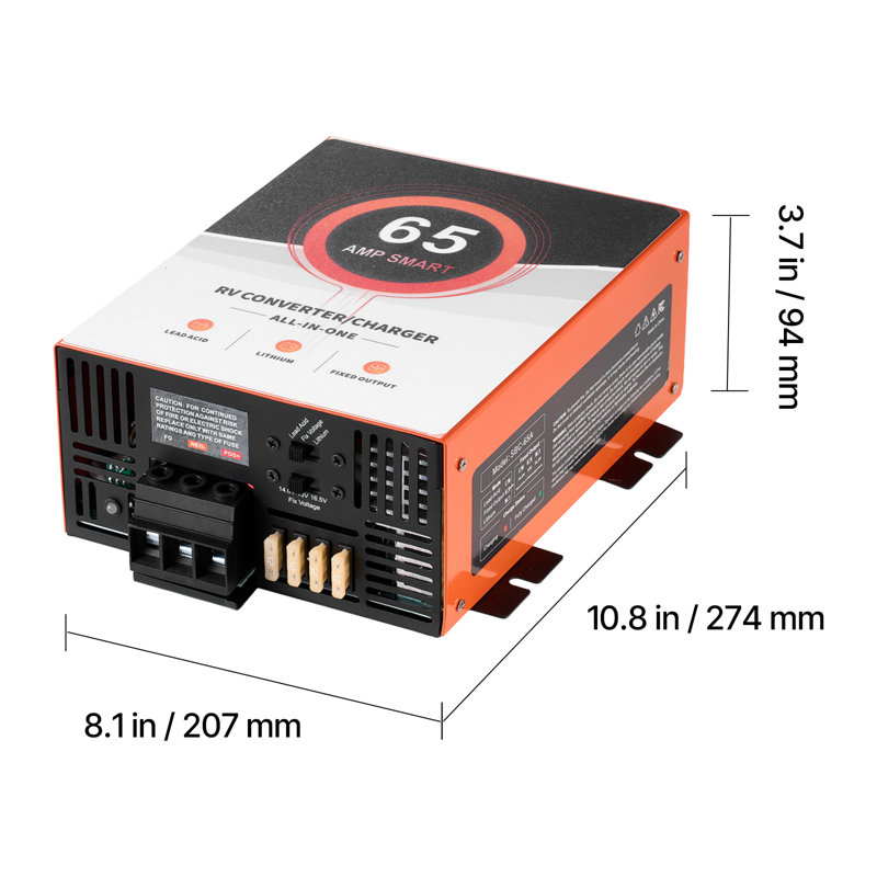 Convertisseur de puissance pour véhicule récréatif, 65 ampères, chargeur de batterie pour véhicule récréatif de 110 V CA à 12 V CC, charge intelligente à plusieurs étapes, plage de fonctionnement de 13 V à 16,5 V, compatible avec les batteries au plomb et au plomb, pour camping-car