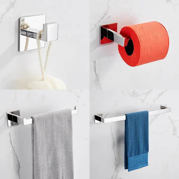 Ensemble d'accessoires de salle de bain à forte viscose et adhésif 4 pièces sans perçage Porte-serviettes en argent brossé