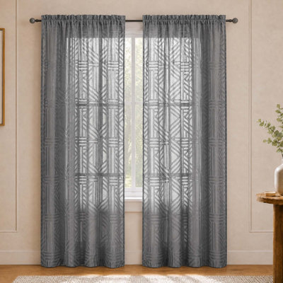 Rideaux semi-transparents gris de 84 po de long, 2 panneaux, filtrant la lumière, jacquard géométrique, rideaux transparents texturés pour chambre à coucher, rideaux de fenêtre élégants et modernes, rideaux de 42 po x 84 po