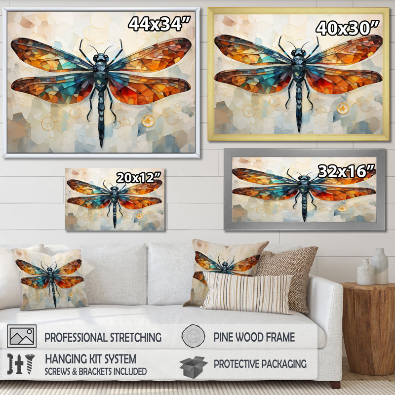 Libellule orange, insectes, vol géométrique I - Libellule, art mural, Cadre flottant doré, H 24 po x l 32 po x P 1 po