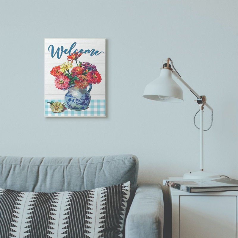 « welcome fleur pot blue écossais rustique », impression, Plaque murale, H 13 po x l 19 po