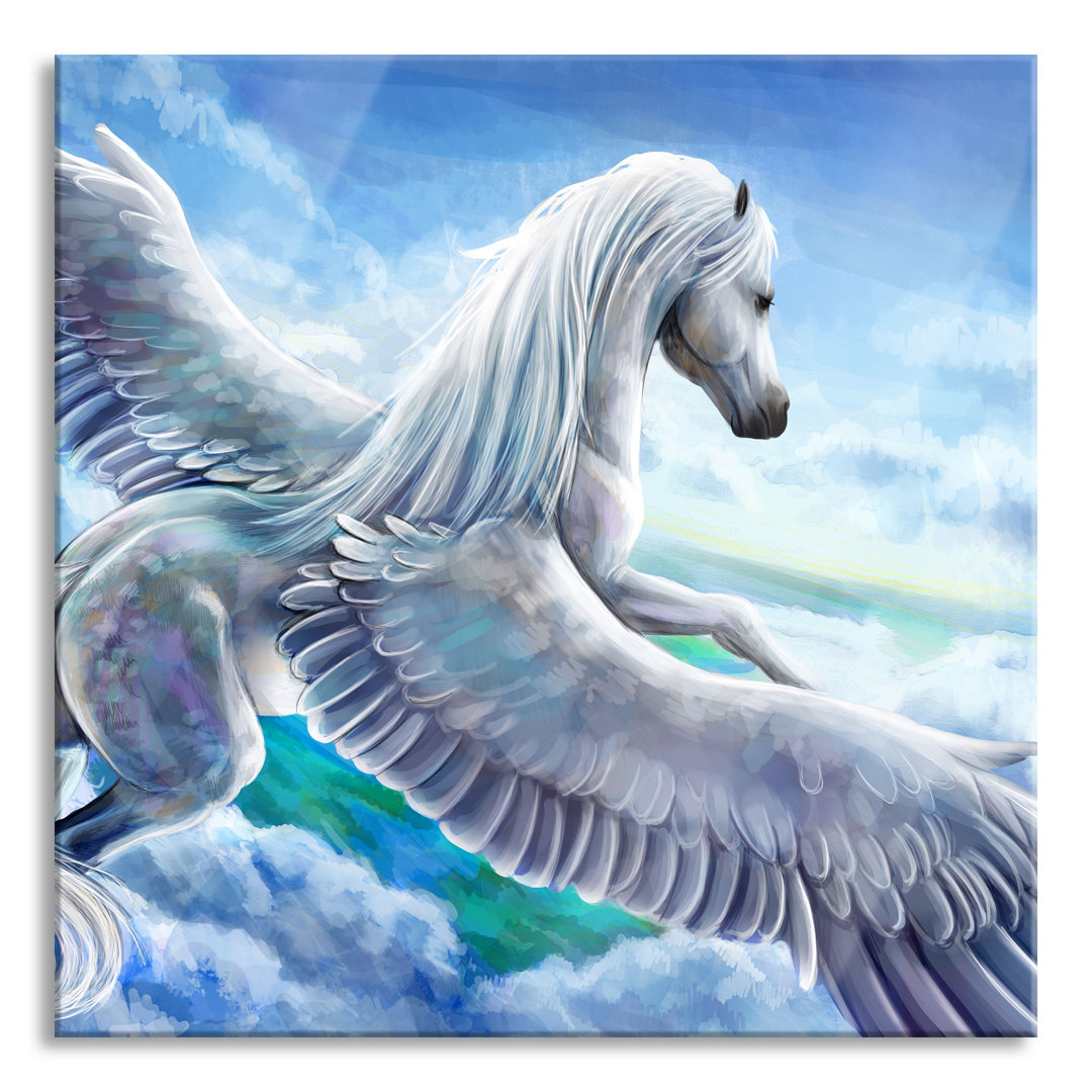 Ungerahmter Grafikdruck auf Glas "Pegasus über den Wolken"