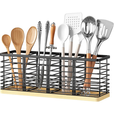 Modern Kitchen Utensil Organizer With Wooden Base And Black Metal Frame, 4-Compartment Spatula And Cooking Tool Holder For Countertop Storage