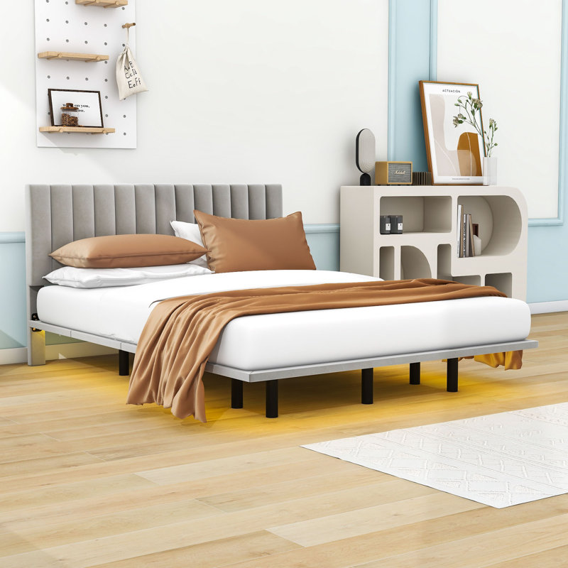 Jareli Queen Upholstered Floating Platform Bed with Light and Headboard, Grey
