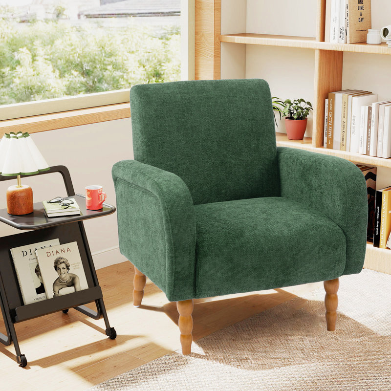 Upholstered Accent Armchair with Turned Solid Wood Legs, Green