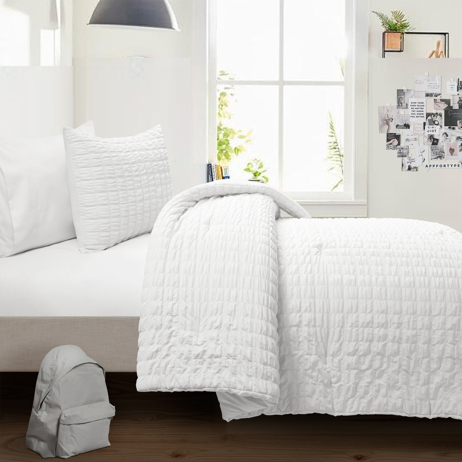 Crinkle Comforter Set, Twin Extra Long, White