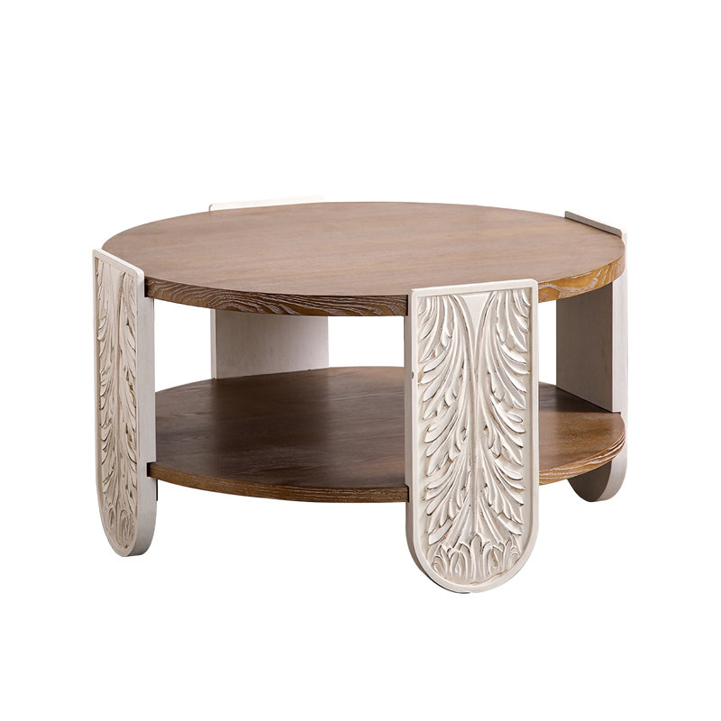 Table basse en bois massif robuste avec détails sculptés exquis et rangement double couche, parfaite pour un décor moderne et rétro.