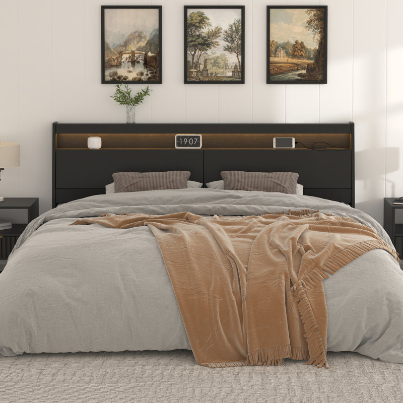 Queen Size White Headboard with LED Lights, Charging Station & Storage Shelf, Wooden Bed Headboard with Hidden Compartment & USB/AC Outlets, Modern RGB LED Bed Headboard for Bedroom