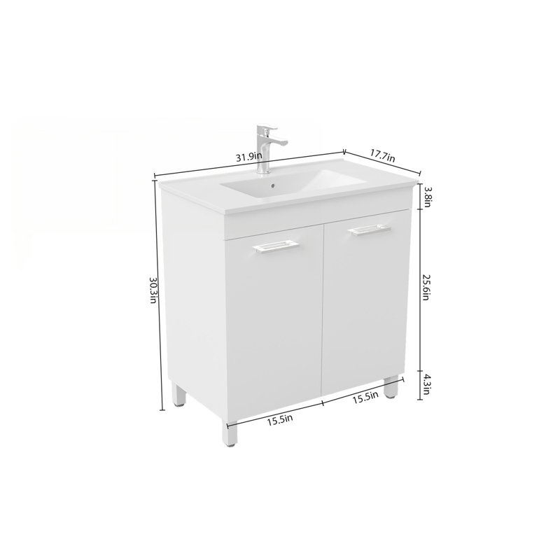 Meuble-lavabo de 32 po avec lavabo, charnières à fermeture douce, tablette réglable, poignée en métal et lavabo en céramique