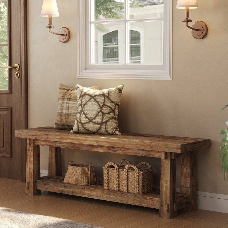 55" Solid Wood Entryway Bench with Shoe Storage, Rustic Charred Wood Grain Foyer Bench with Open Shelf for Hallway, Mudroom, Bedroom, Easy Assembly