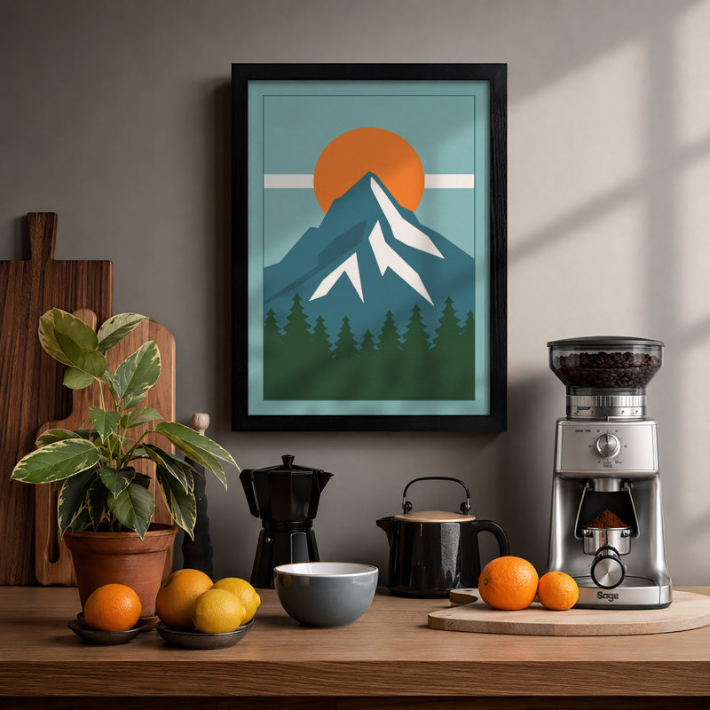 Mountain at Sunrise Minimalist - Framed Print, A1 - 84.1 x 59.4 cm, Black