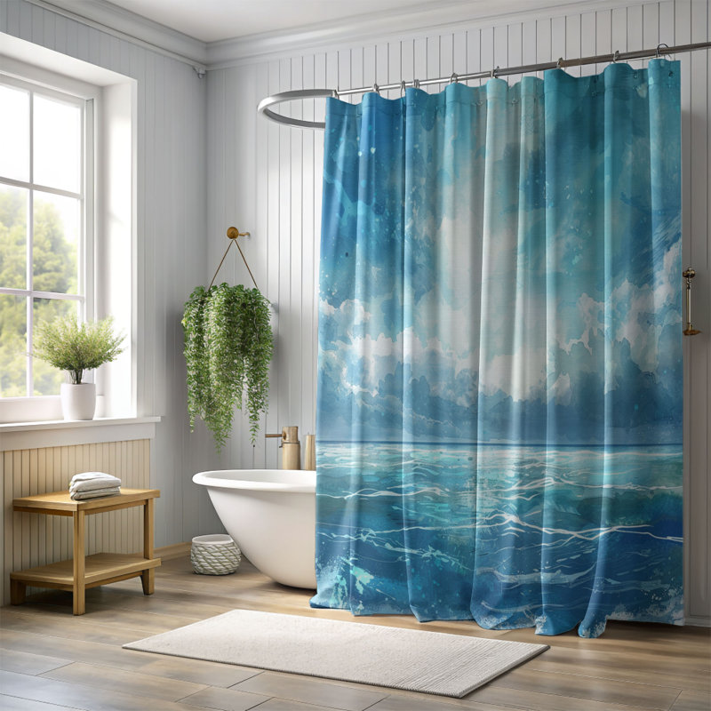 Colorful Seascape Motifs - Rideau de douche standard 1 pièce, H 74 po x l 71 po