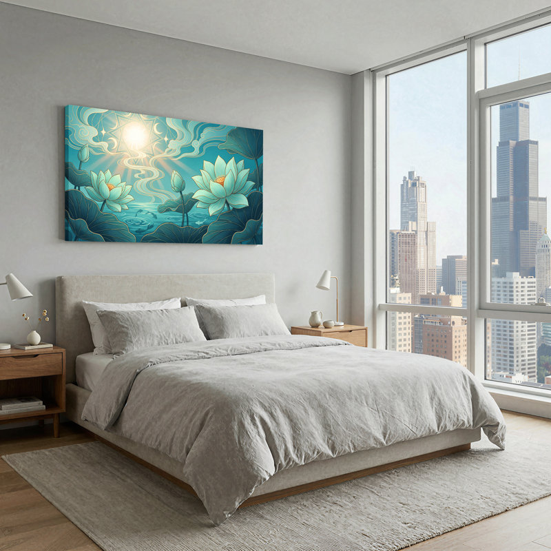 Art sur toile, fleurs de lotus bleu sarcelle et poissons nageant dans l'eau bleue, 46“W x 24”H