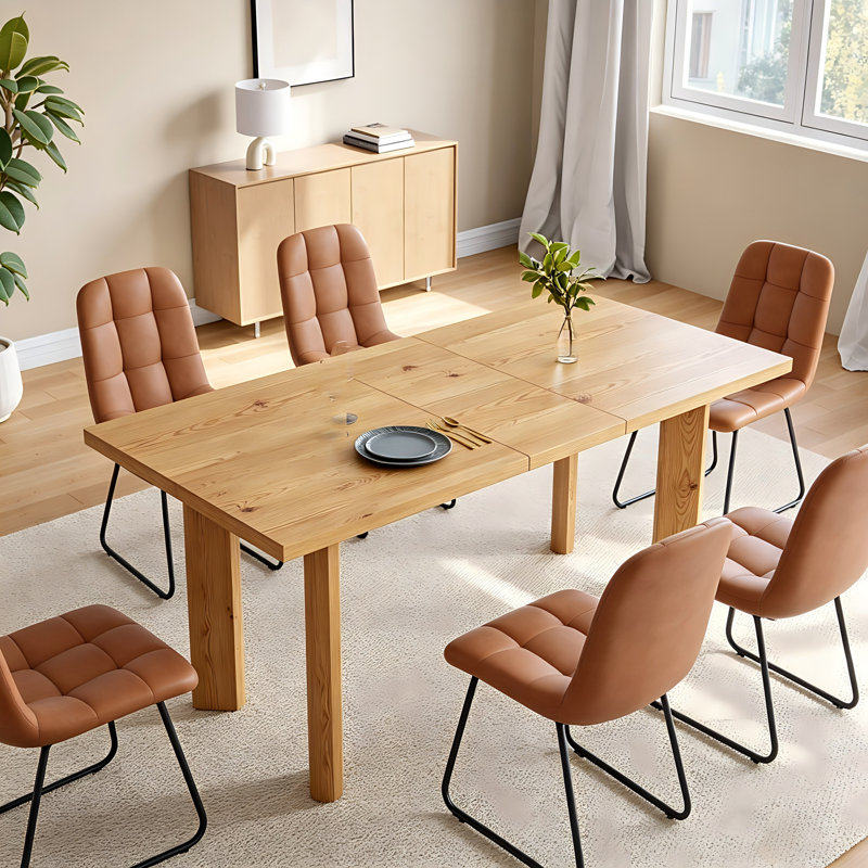 7-Piece Extendable Dining Table For 6-8, Modern Wood Kitchen Table Rectangular Table For Dining Room, Living Room, Brown