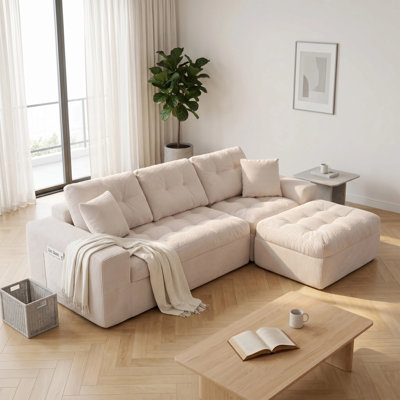 3-Piece Cloud Modular Sectional Sofa, Boneless Corduroy Couch with Ottoman & Pillows, No Assembly Deep Seat Convertible Floor Sofa for Living Room Apartment