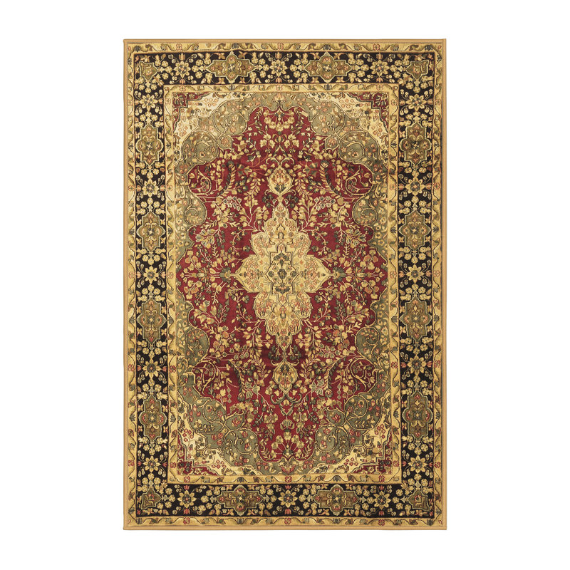 Tapis oriental en laine / polyester tissé à la machine Doshi en noir / vert / beige / rouge, Rectangle 7 pi x 10 pi