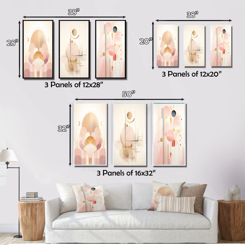 «Gentle Harmony Circular Geometric Vintage Pink», 3 pièces sur toile, Toile tendue, H 20 po x l 36 po