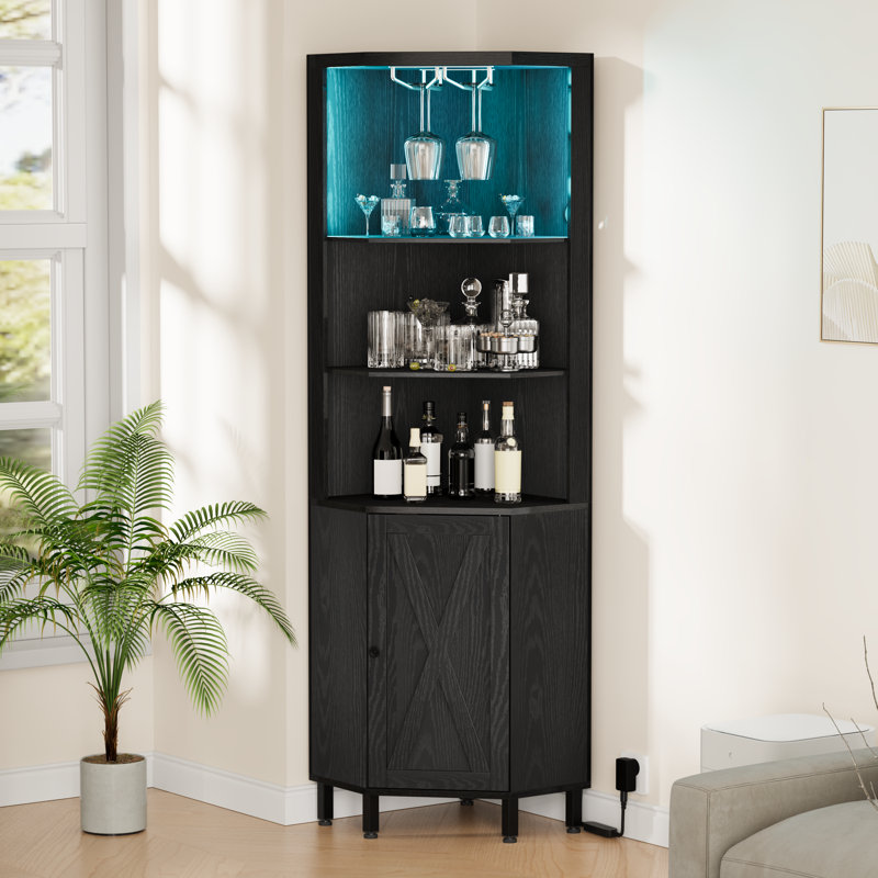 Breasia 67" Height Corner Bar Cabinet with Wine Storage, 5 Tier Corner Shelf with LED Lights & Glass Holder, Black