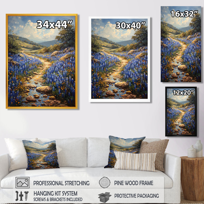 «Blue Bonnets Blue Tranquility Field I» - impression d'art mural bleu, H 16 po x l 32 po x P 1 po, Cadre flottant brun