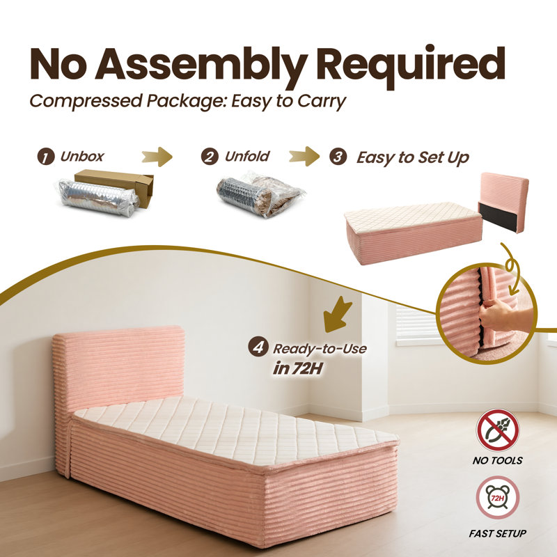 Compression Packed All-in-one Plush Upholstered Platform Bed With Built-in Foam Mattress, Twin, Twin, Pink