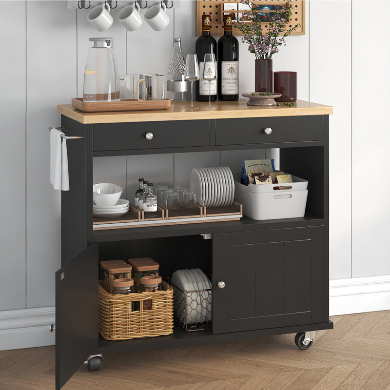 Rolling Kitchen Island With Storage Cabinet, 35.4'' Width Kitchen Cart,  2 Drawers Island Table, Portable Mobile Kitchen Island With Towel Rack, Wood Top And Lockable Casters, Black