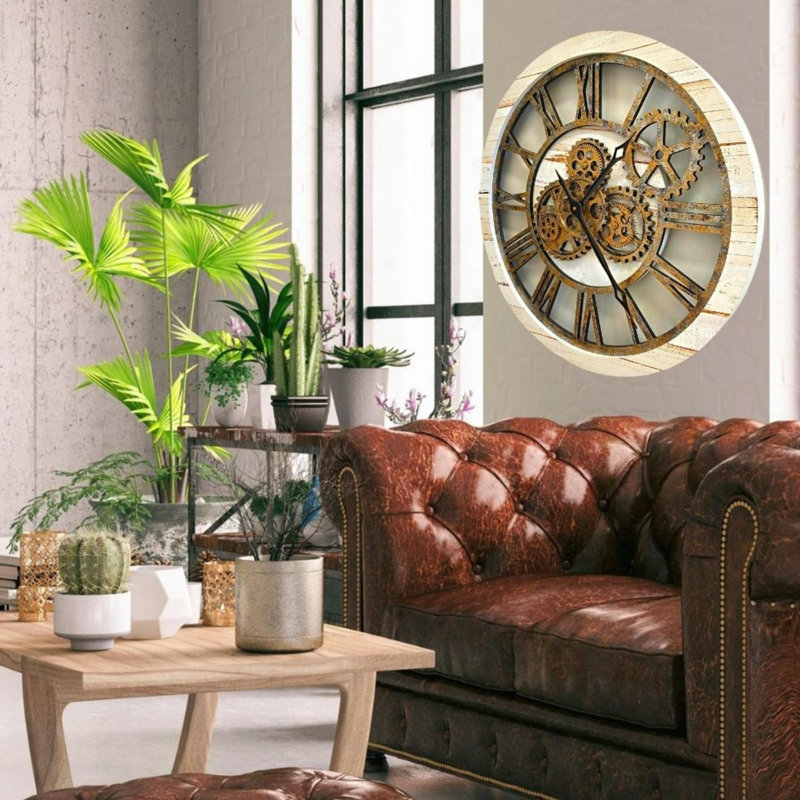 Oversized Desert Beige and Bronze Industrial Wall Clock with Real Moving Gears