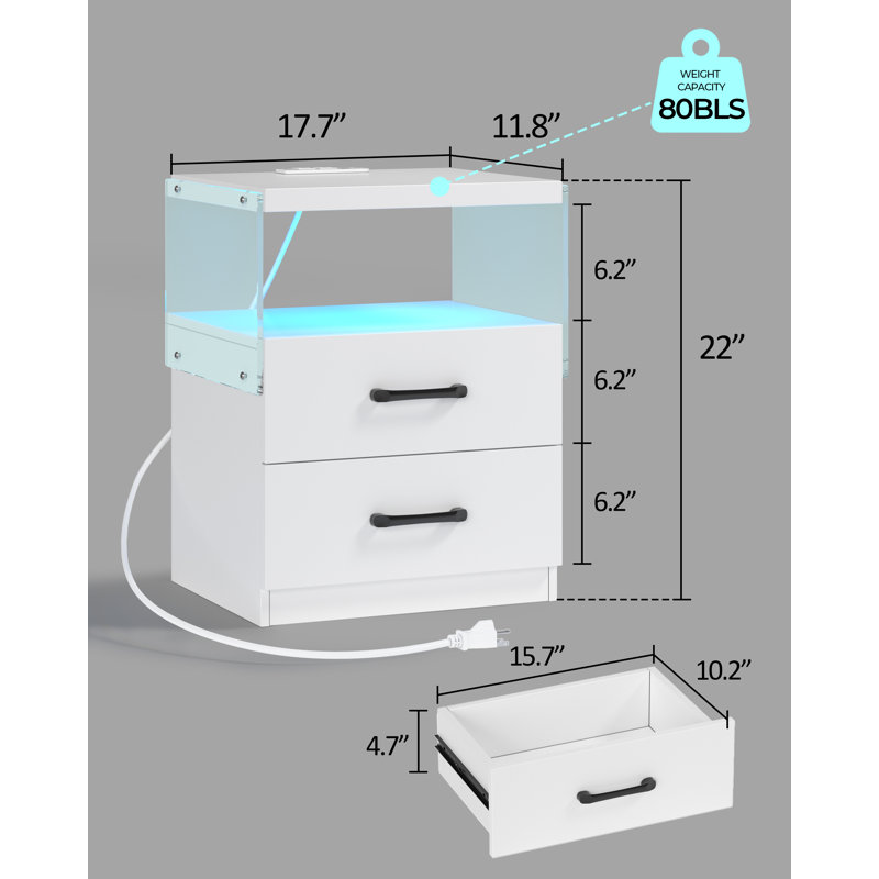 Table de chevet moderne à DEL de 22 po de hauteur avec station de charge, Blanc, Individuel