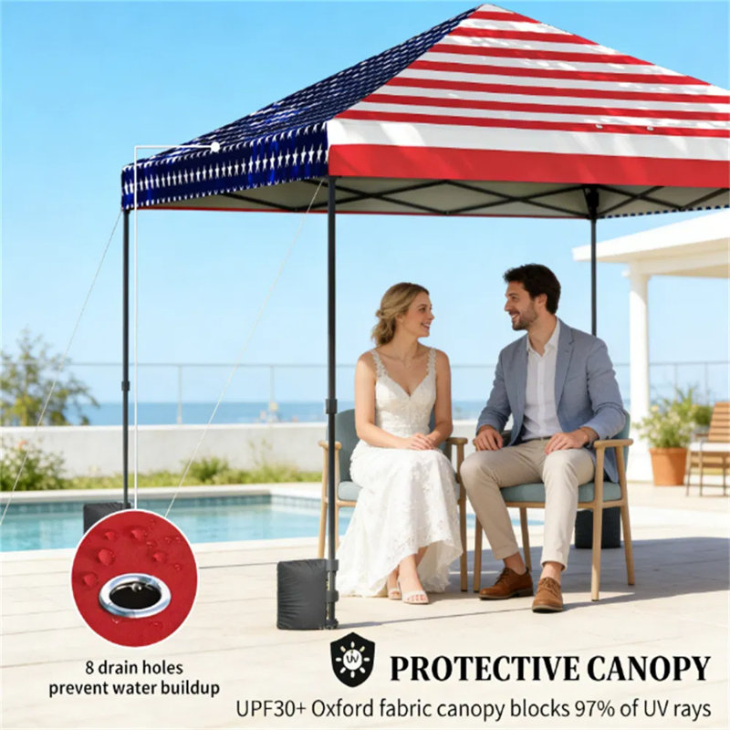 Tente pliante de 117,7 po x 117,7 po, motif drapeau américain, abri solaire extérieur pour terrasse, tonnelle instantanée à hauteur réglable