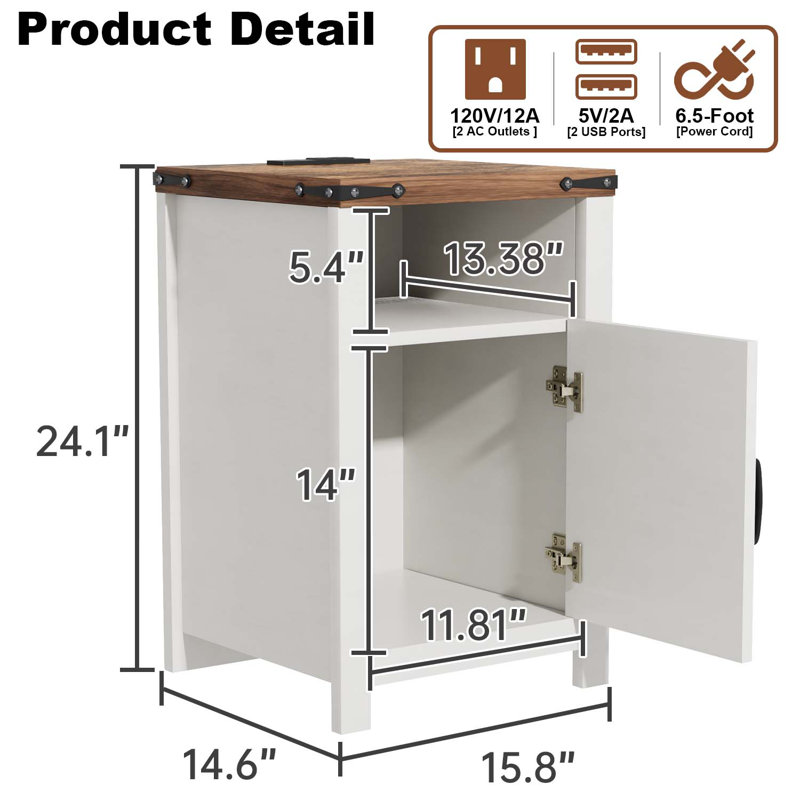 Auriemma End Table with Charging Station, White/Brown