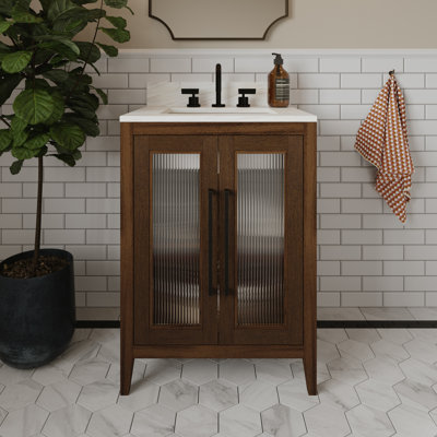 Apothecary 24W X 20D-Inch Single Bathroom Vanity With Fluted Glass Doors | Calacatta Quartz Countertop
