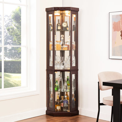Armoire de coin en cerisier foncé pour salon - vitrine en verre avec tablettes et luminaires réglables