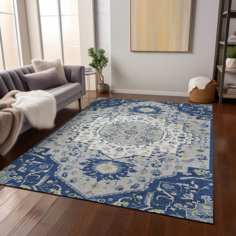 Machine Washable Indoor/Outdoor Chayden ACN985 Navy 1'8" x 2'6" Rug, Rectangle 5' x 7'6"