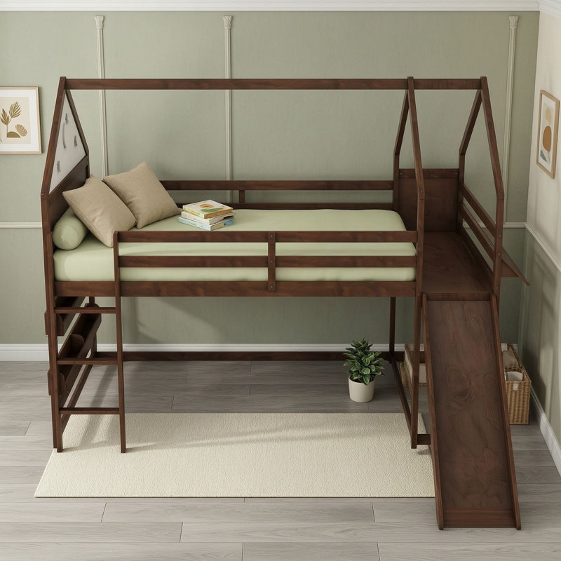 Lit mezzanine avec glissade et rangement, échelle, Lit double, Noyer